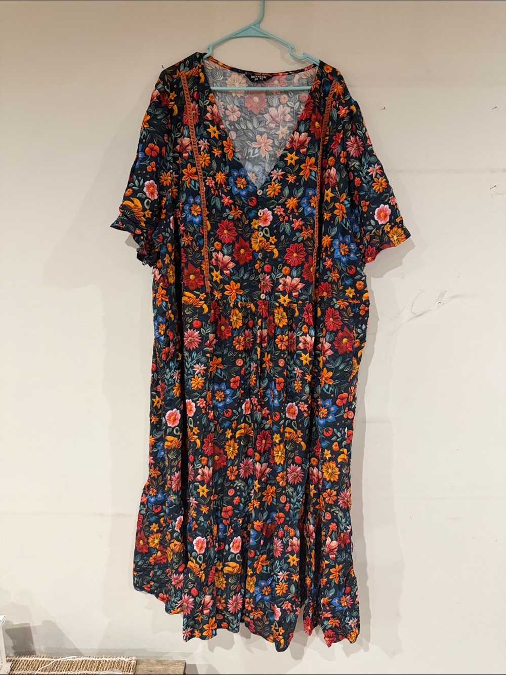 BloomChic Dark Floral V-Neck Maxi Dress with Multicolor Blooms